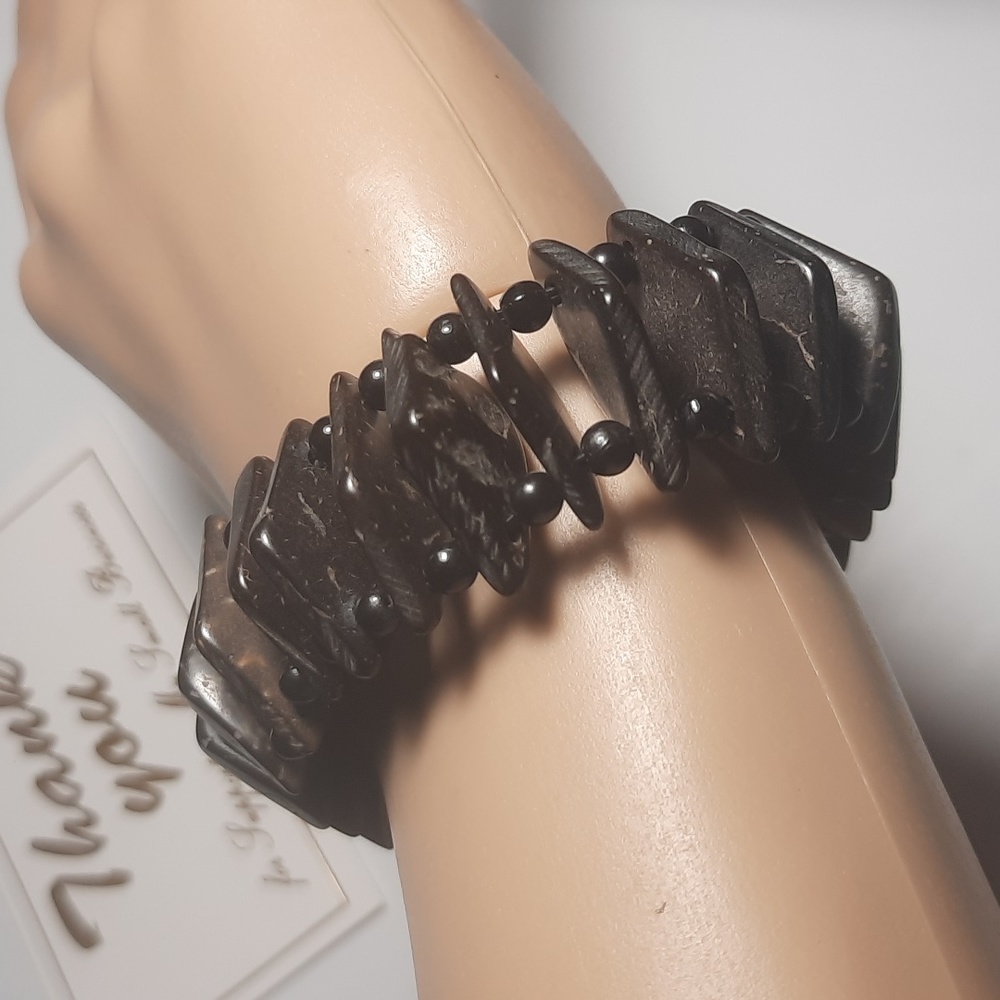 Coconut Shell and Wood Bead Stretch Stretchy Bracelet 2 day sale